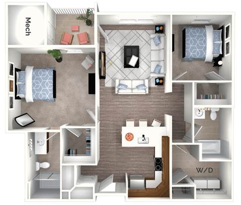 Floor plan for 2 beds, 2 baths, 1084 sqft
